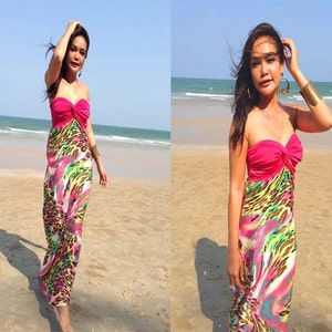Pink  printed  Strapless long maxi Sun dress all size