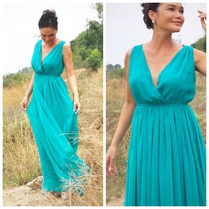 Bridemaids Teal Aqua turquoise green v neck long maxi dress All size