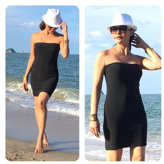 black strapless slip dress
