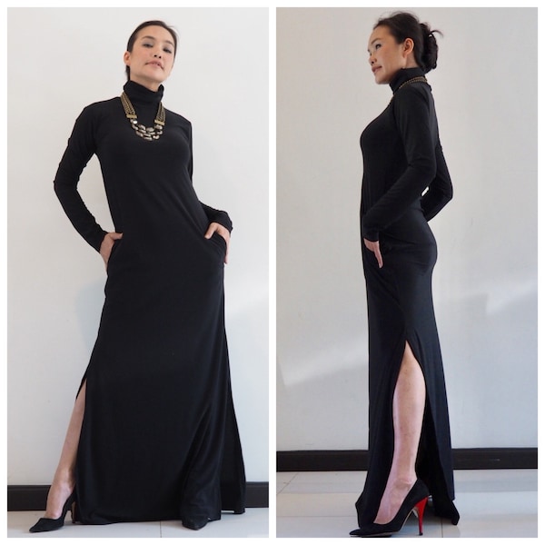 Robe à col roulé, robe Maxi, robe longue, robe à manches longues, robe noire toute la taille