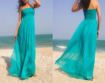 Bridesmaids teal , Aqua dress, turquoise dress,  teal dress, color green  chiffon long maxi dress  one size fits