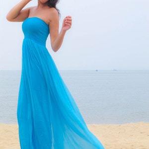 Bridesmaid Blue  chiffon Strapless Beach long maxi  dress all size