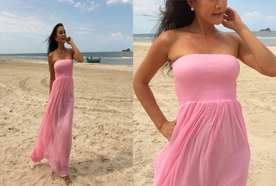 Dama de honor Gasa rosa claro Strapless Beach maxi vestido - Etsy México Dama de honor Gasa rosa claro Strapless Beach maxi vestido - Etsy México