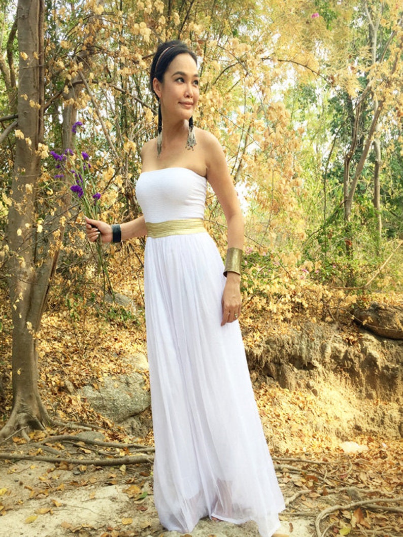 Wedding White Dress Gold Sash Chiffon Strapless Evening Long Etsy