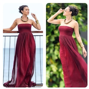 Red Burgandy wine chiffon strapless long maxi dress all size image 1
