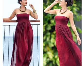 Red Burgandy wine chiffon strapless long maxi dress  all size