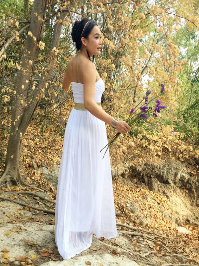 Wedding White Dress Gold Sash Chiffon Strapless Evening Long Etsy