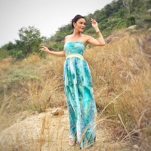 Bridesmaid  green turquoise  Floral Gold sash chiffon long maxi dress fits S M L XL