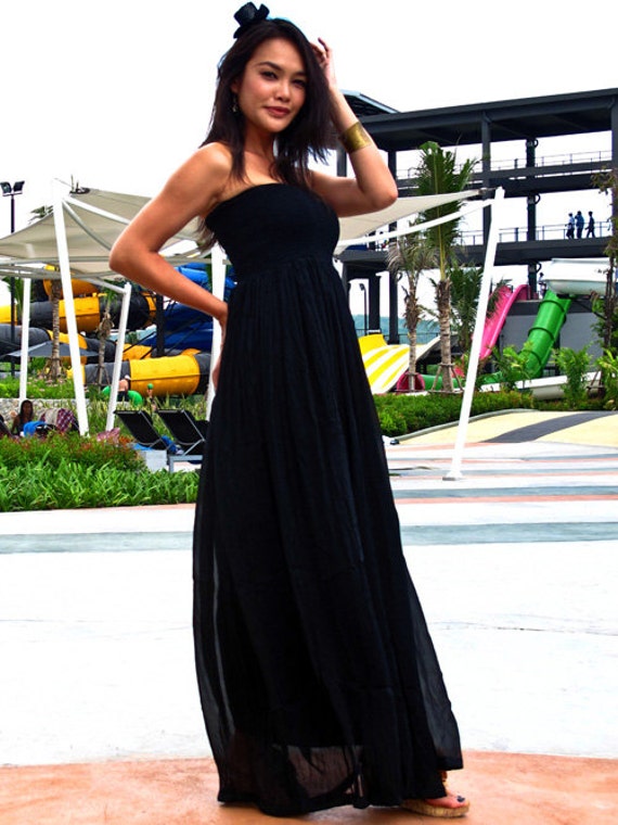 Negro gasa Strapless Beach noche largo maxi sol de - Etsy