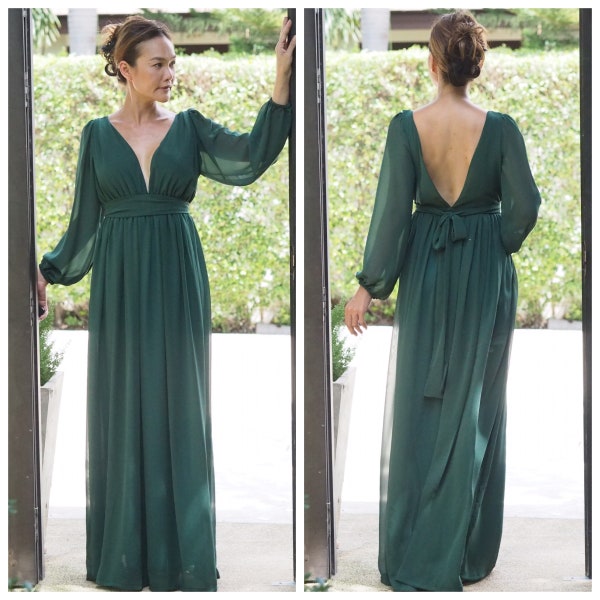 Dark green emerald dress chiffon long sleeve v neck long maxi dress all size (color same as in the photos)