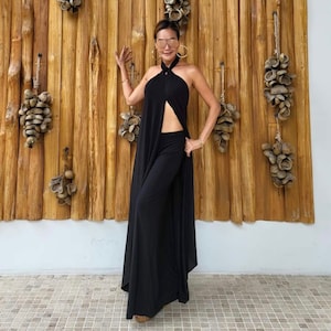 Black set top and pants halter backless jumpsuit maxi dress all size