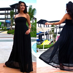 Black  chiffon Strapless  Beach evening long maxi Sun dress all size