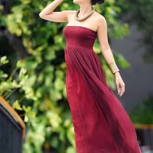 Red Burgandy wine chiffon strapless long maxi dress all size image 3