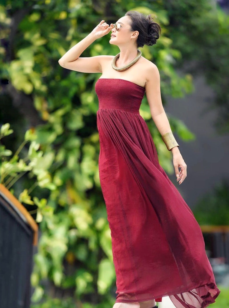 Red Burgandy wine chiffon strapless long maxi dress all size image 3