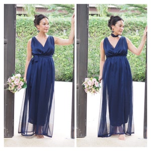 Vestido azul marinho chiffon damas de honra azul marinho manga longa decote em v vestido maxi longo todos os tamanhos