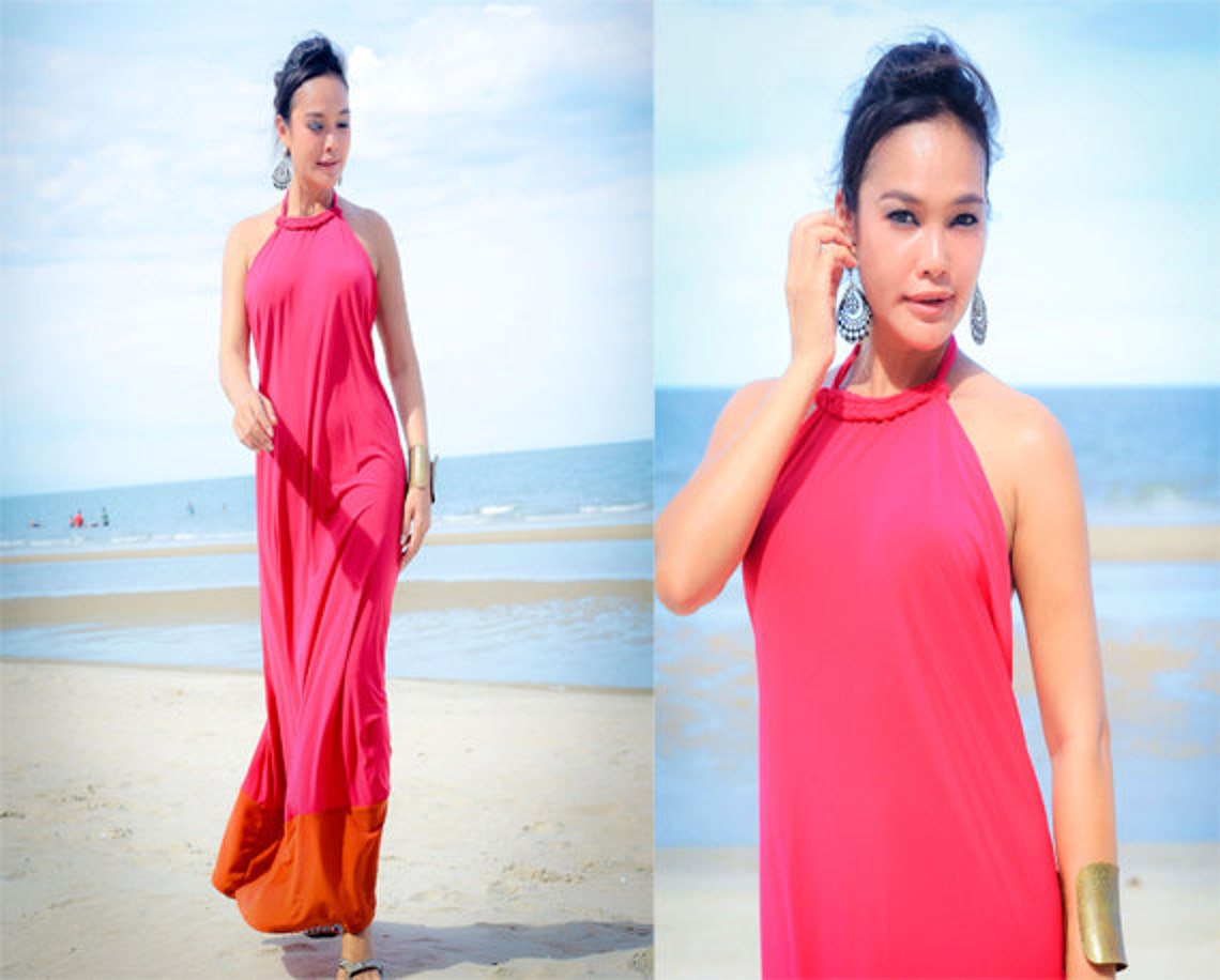 Color Block Pink Orange Halter Open Back Long Maxi Dress Sun Etsy