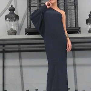 Marineblauwe een schouder avond lange jurk elegantie alle grootte afbeelding 2