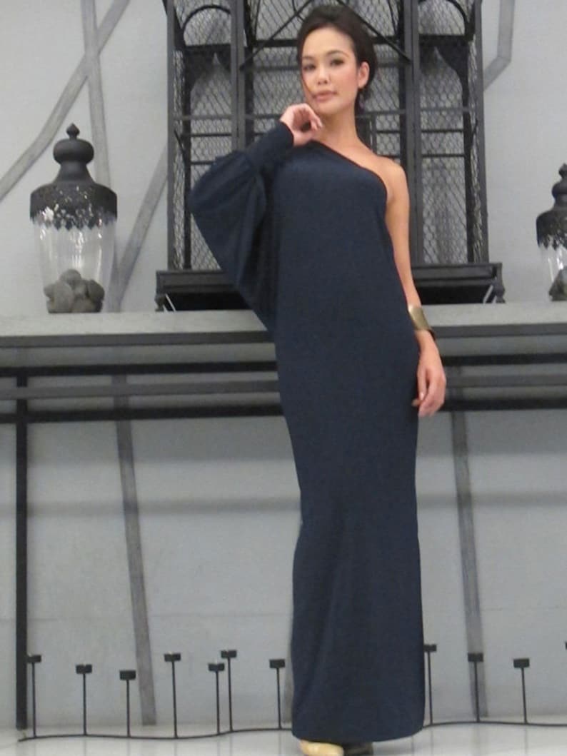 Navy blue one shoulder evening long dress Elegance all size image 2