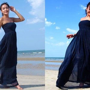 Navy Blue silk chiffon Strapless  Beach evening long maxi Sun dress all size