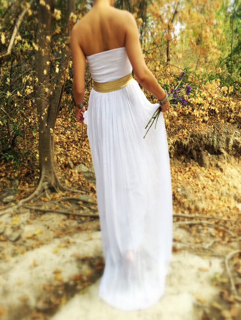 Wedding White Dress Gold Sash Chiffon Strapless Evening Long Etsy