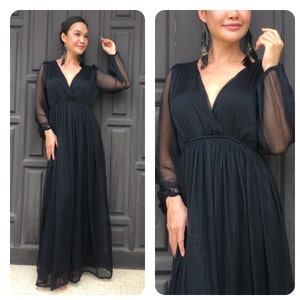 Black dress chiffon long sleeve v neck long maxi dress all size