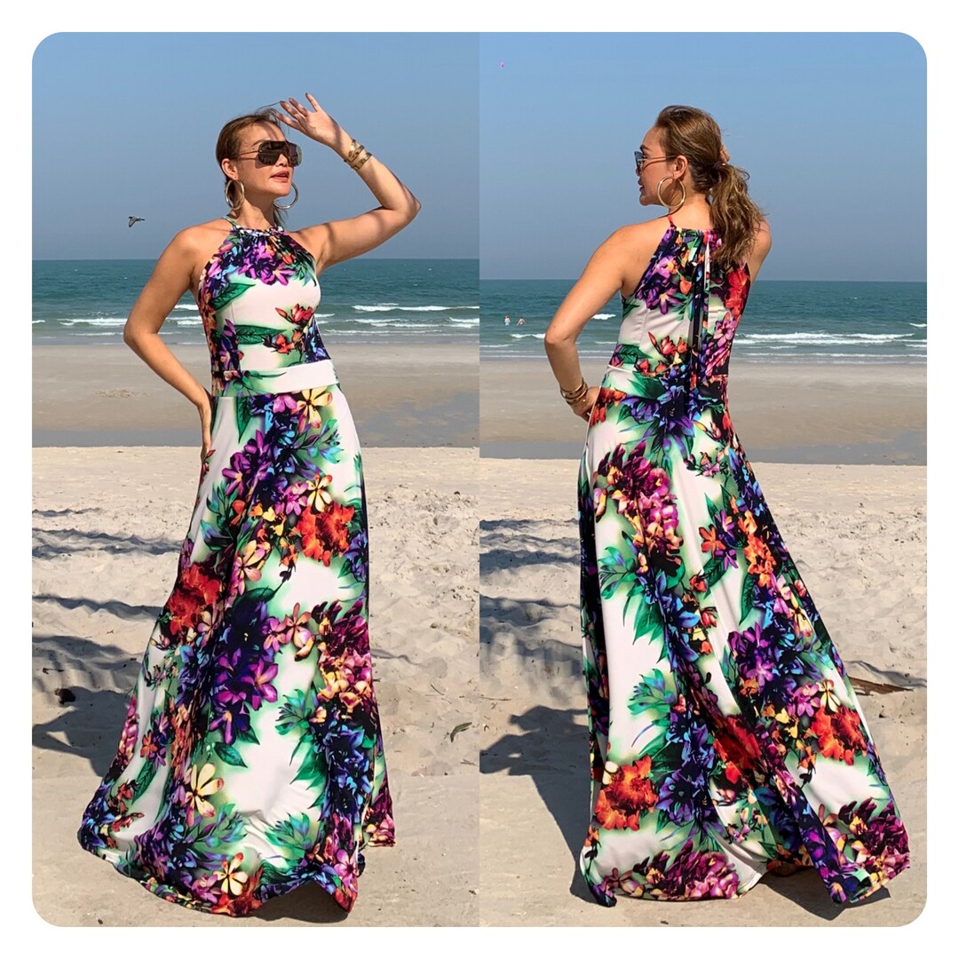 住まい/暮らし/子育て Floral Sexy Long Gown White Floral Flowery Dress, High Neck Halter Dress, Maxi