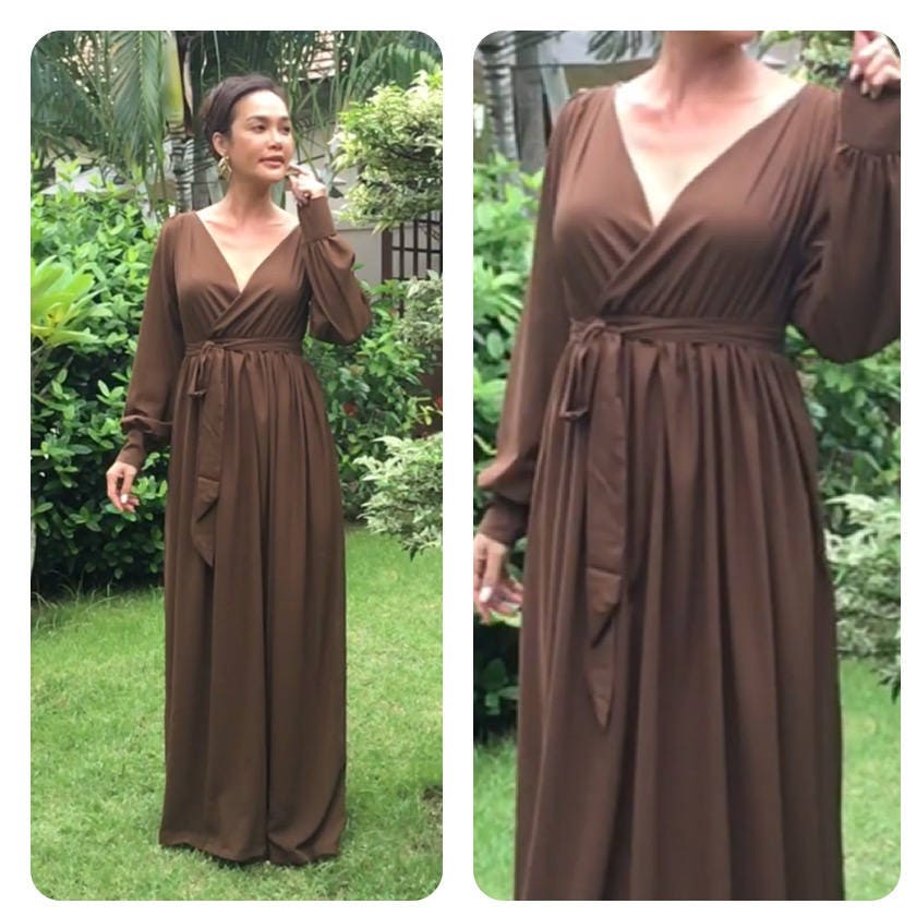 Bridesmaids Brown dress chiffon long sleeve v neck long maxi | Etsy