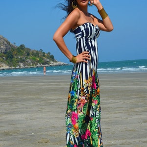 Navy Blue White Striped Flowery Strapless Long Maxi Dress All - Etsy