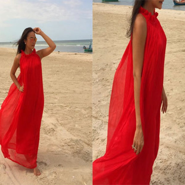 Rotes Kleid, Chiffonkleid, Strandkleid, Abendkleid, langes Kleid, Maxikleid, Sonnenkleid Alle Größen