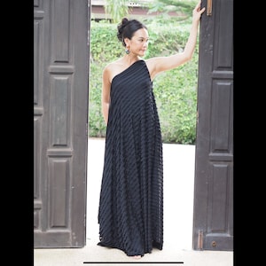 Black raffles dress, black One shoulder dress,Maternity Dress, long Dress, maxi dress All size