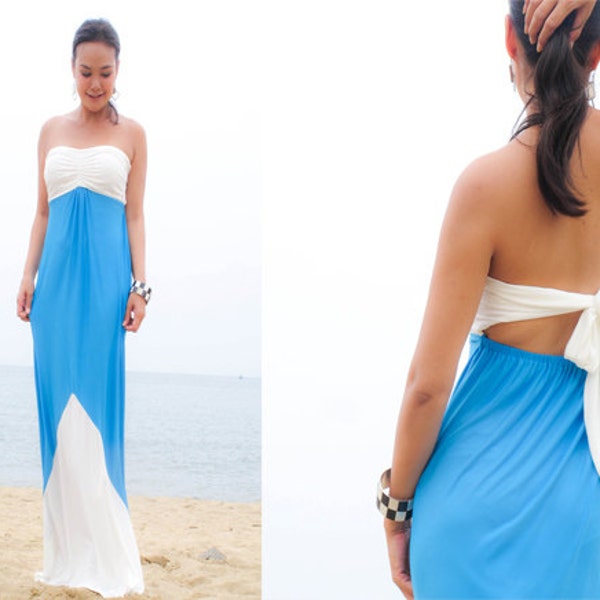 Color Block dress, White Blue Dress, woman Dress, Strapless long maxi Sun dress all size