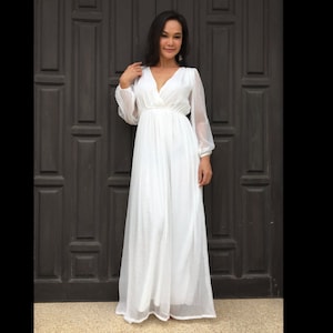 Wedding dress,white dress ,chiffon dress,long dress,long sleeve dress,  v neck dress, long maxi dress
