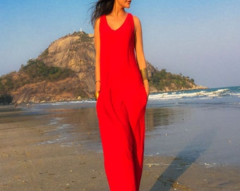 Rode Mouwloze lange maxi jurk all size