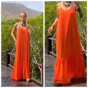 Orange chiffon  spaghetti strap chiffon dress, long Dress, maxi dress All size