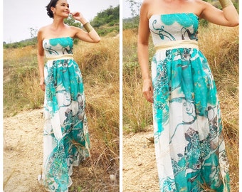 Bridesmaid  green turquoise  Floral Gold sash chiffon long maxi dress fits S M L XL