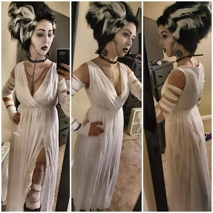 Halloween costume Bride of Frankenstein white dress V neck chiffon evening long maxi Sun dress all size