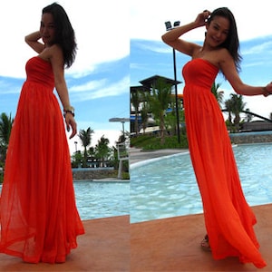 Orange silk chiffon Strapless  Beach evening long maxi Sun dress all size