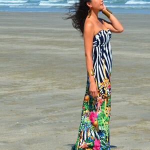 Navy Blue white striped flowery Strapless long maxi dress All size