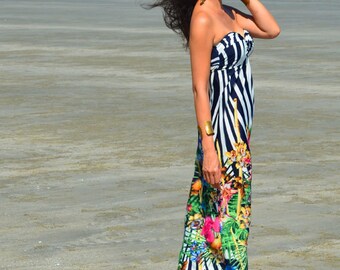 Navy Blue white striped flowery Strapless long maxi dress All size