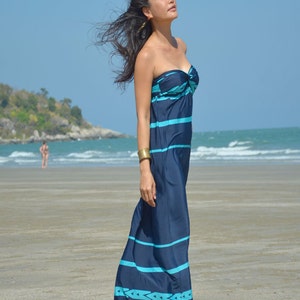 Navy Blue Bright blue striped strapless  long maxi dress All size