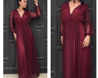 Red Burgundy Dress Chiffon Long Sleeve 