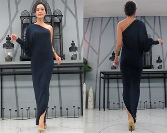 Navy blue one shoulder evening long dress Elegance all size