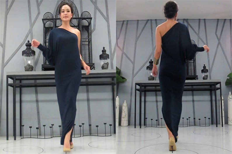 Navy blue one shoulder evening long dress Elegance all size image 1