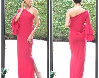 Hot pink one shoulder flared sleeve  evening long dress Elegance all size