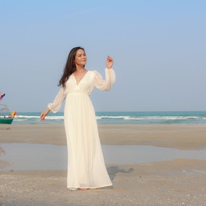 Wedding white dress chiffon , maternity dress, white party dress, long sleeve v neck long maxi dress All size