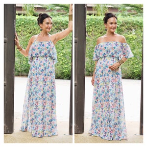 4 in 1 Gradient chiffon floral long maxi ,Halter ,Off shoulder,maternity dress One shoulder dress , Short sleeve dress..all size