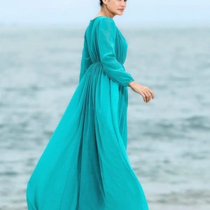 Bridemaids Teal Aqua turquoise green   chiffon long sleeve v neck long maxi dress All size