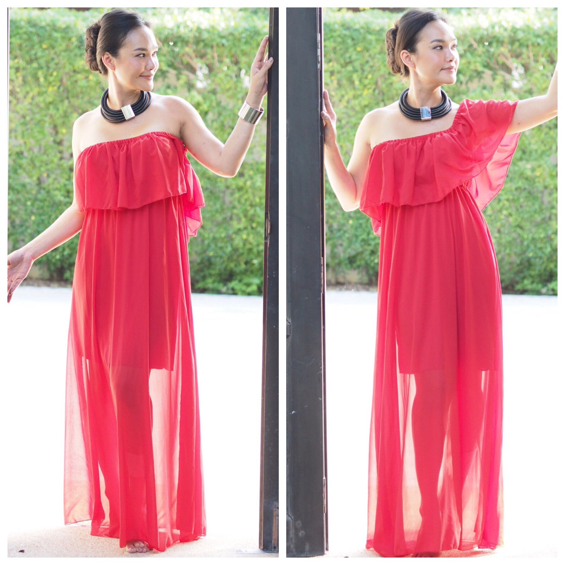 red chiffon maxi dress