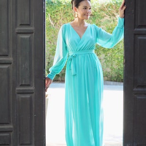 Bridesmaid dress  Aqua  turquoise  chiffon Vneck  long sleeve  Beach long maxi  dress