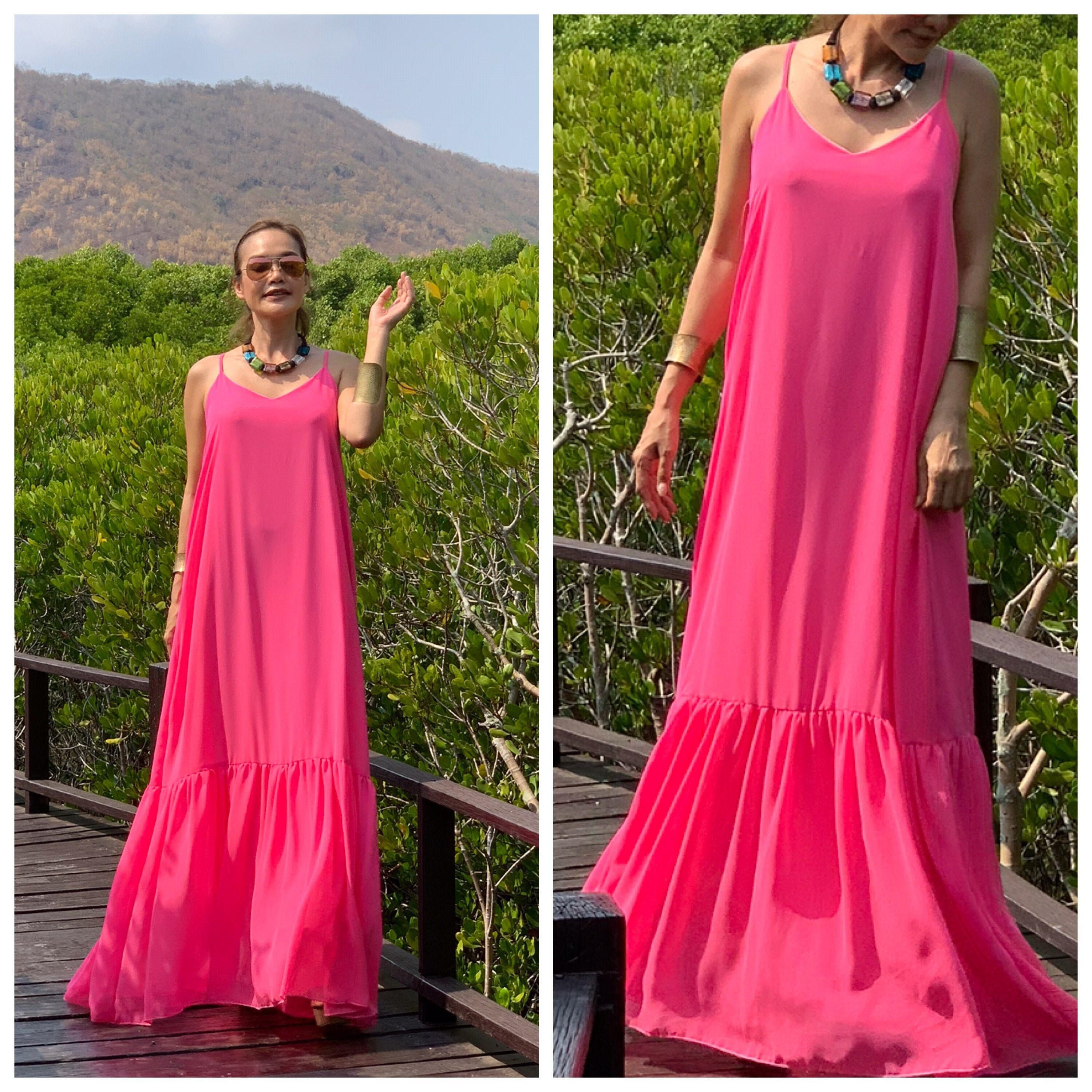 Pink chiffon spaghetti strap chiffon dress long Dress maxi Etsy